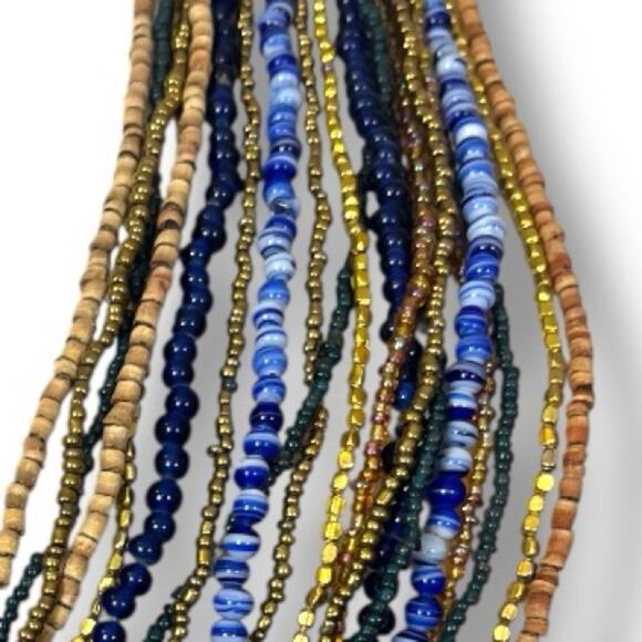 Chico’s Women’s Necklace Seed Bead Multi Strand Blue Navy Gold Tan 18” Length - Picture 7 of 10